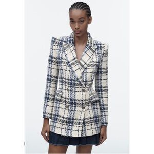 Zara double breasted textured weave jacket blazer in blue